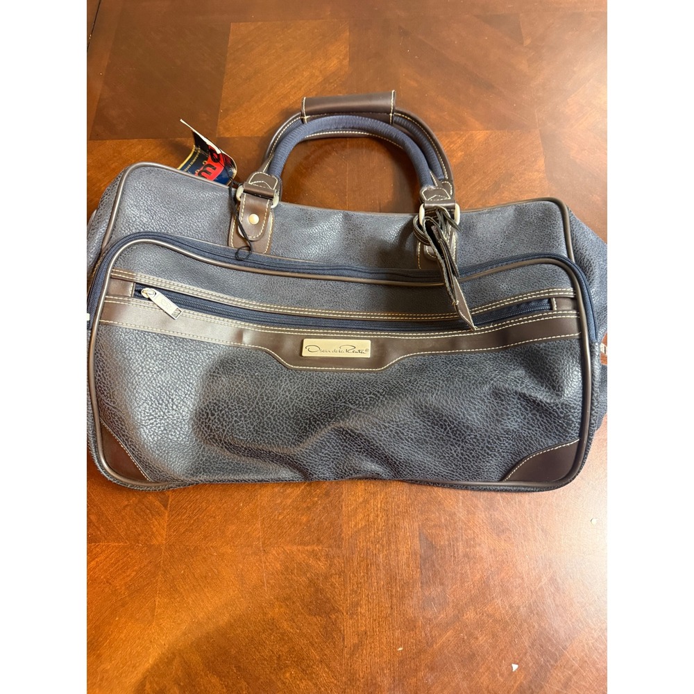Vtg Oscar de la Renta Carry-On Bag Navy Pebble Suede 90s Weekender‎ Duffel Brown - Picture 2 of 12